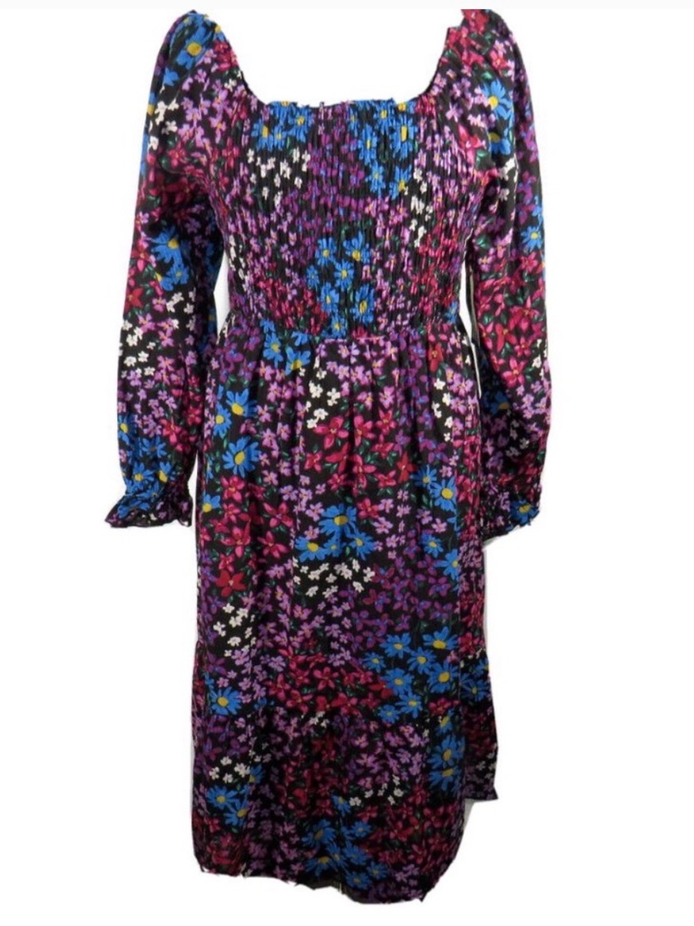 Terra & Sky ~ Midi Dress ~ Multicolored Flowers ~ Smocked on Top ~ Long Sleeved